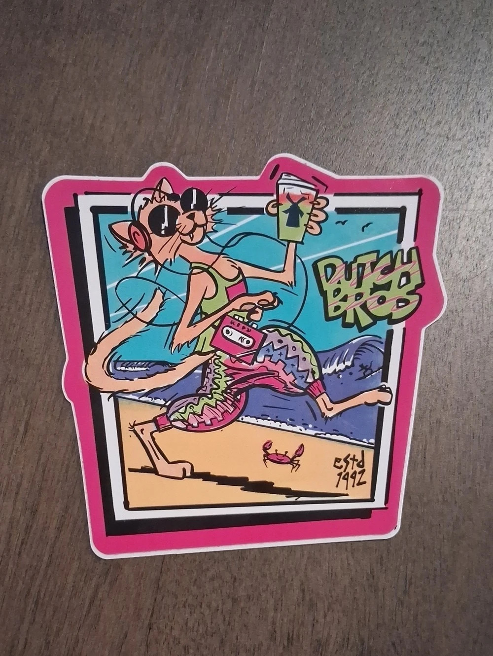 Dutch Bros April 2023 Cool Cat Beach Sticker Pink & Blue